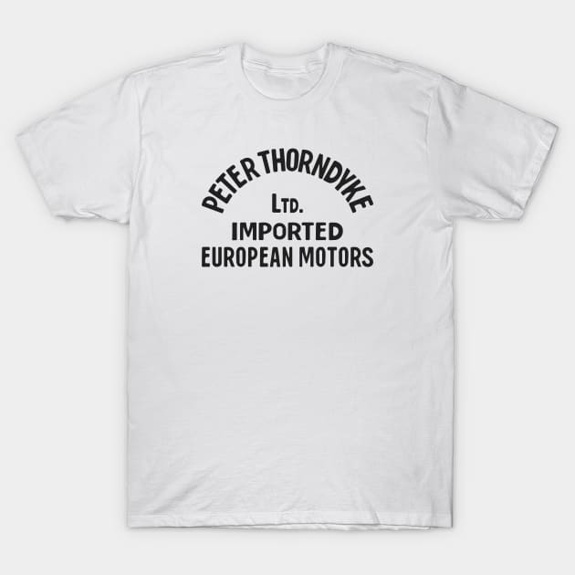 Peter Thorndyke - European Motors (Black) T-Shirt by jepegdesign